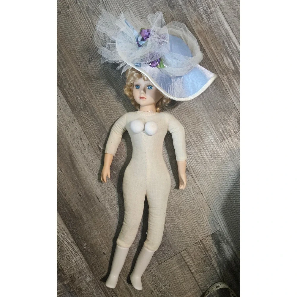 Vintage Porcelain Doll 19 Inch Blue Satin Lace‎ Dress Blonde Hair Blue Eyes Hat